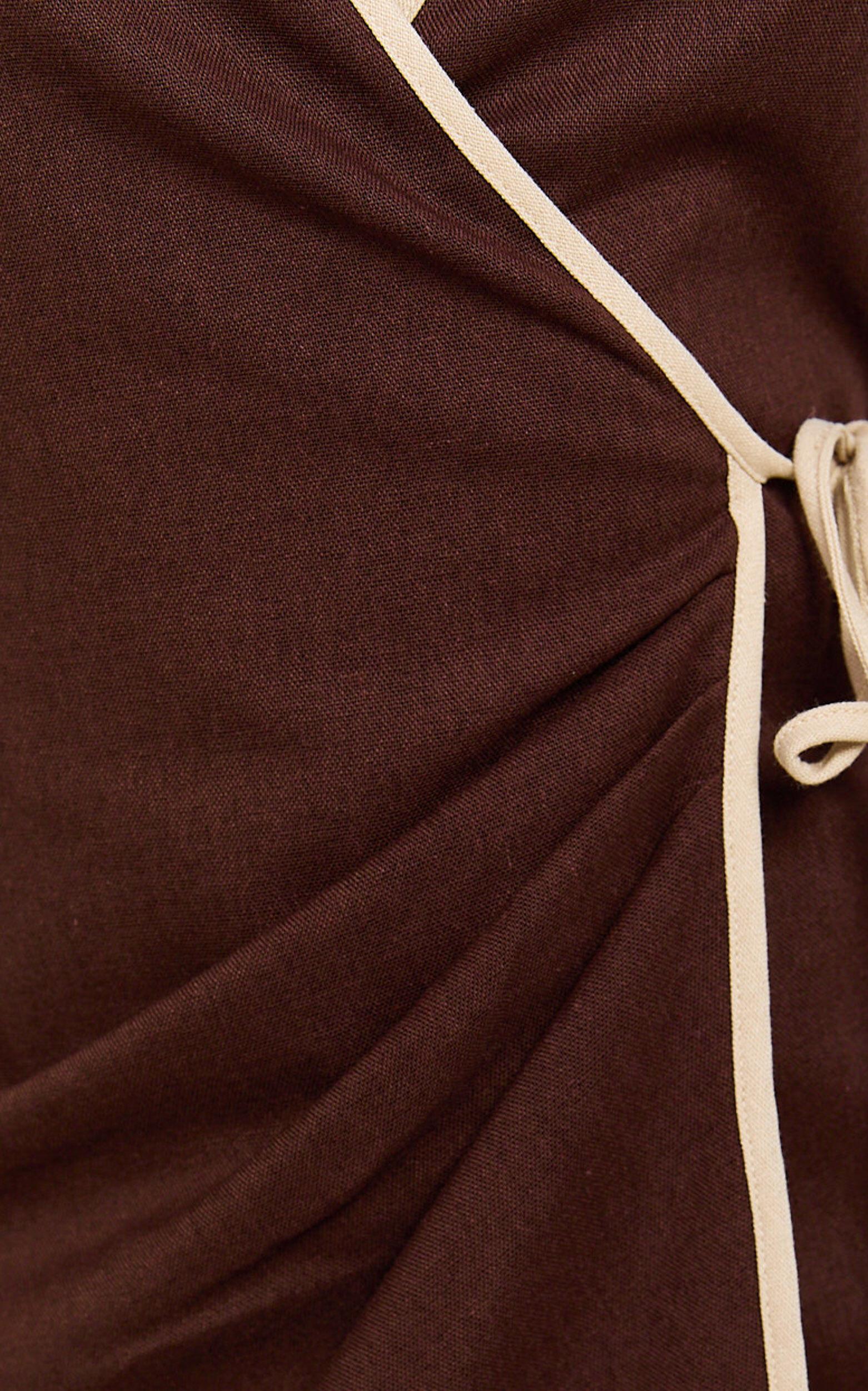 Connie Mini Dress - Linen Halter Neck Wrap Dress in Chocolate Product Image