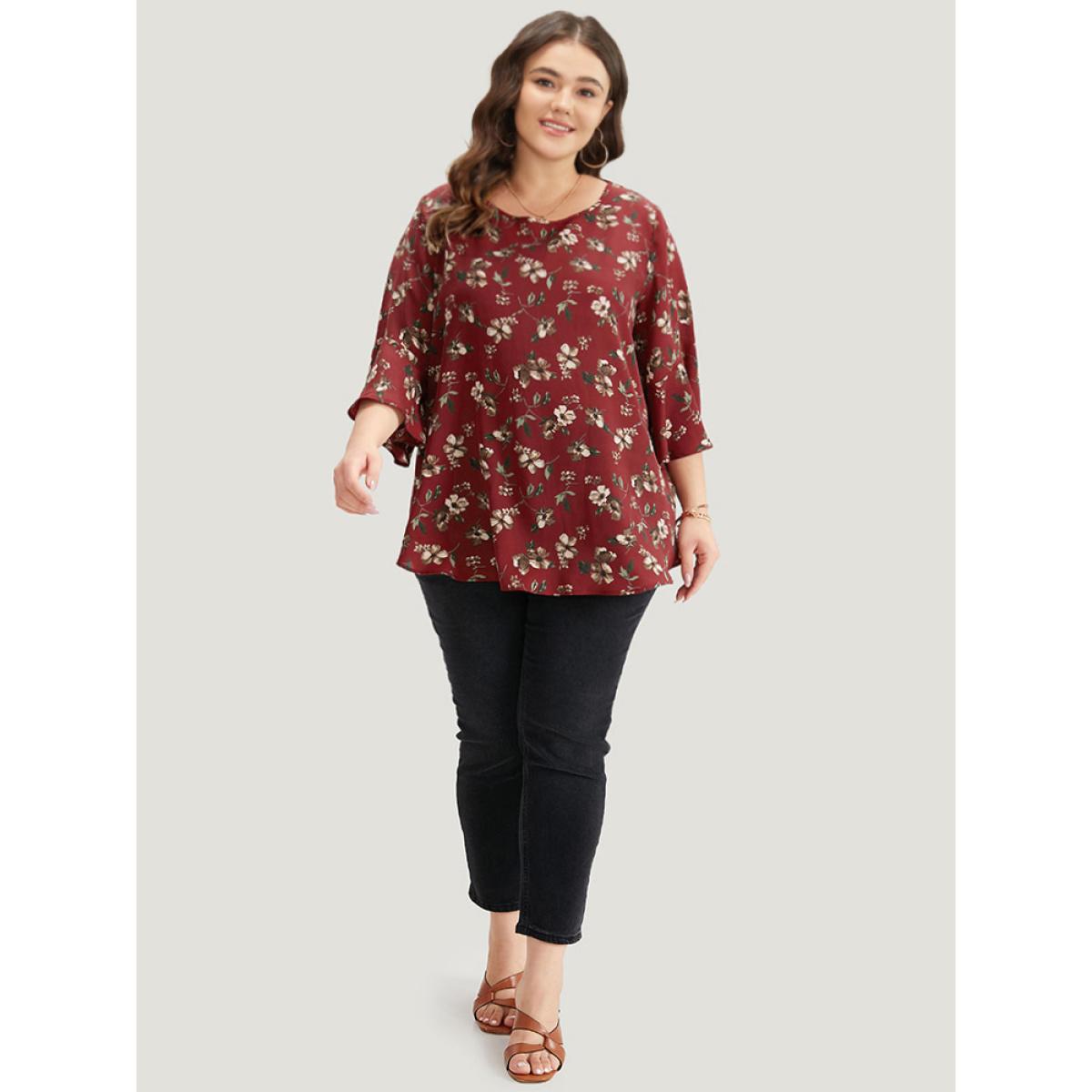 Plus Size Scarlet Floral Print Bell Sleeve Crew Neck Blouse Women Elegant Half Sleeve Round Neck Dailywear Blouses BloomChic 28/5X Product Image
