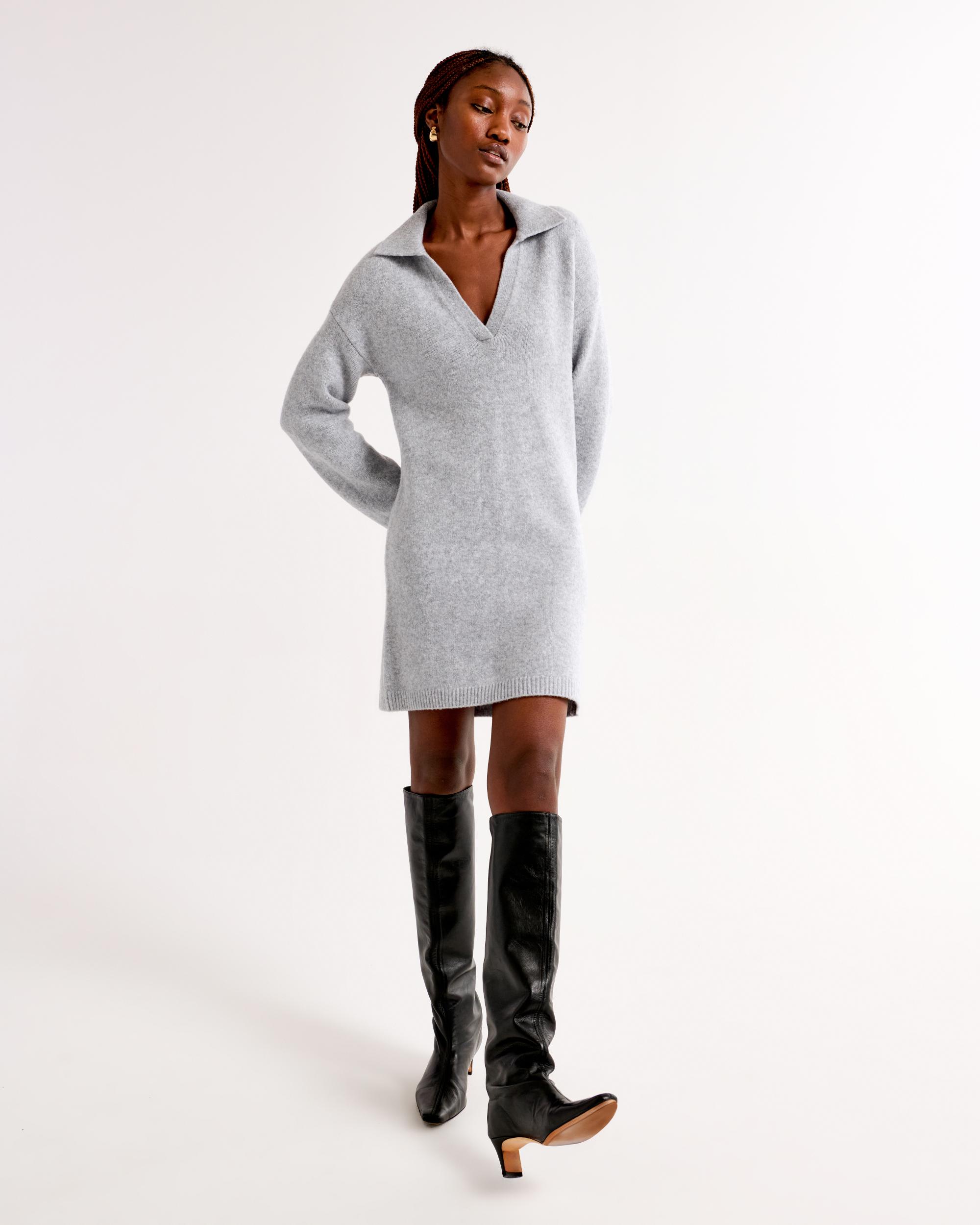 Long-Sleeve Collared Mini Sweater Dress Product Image