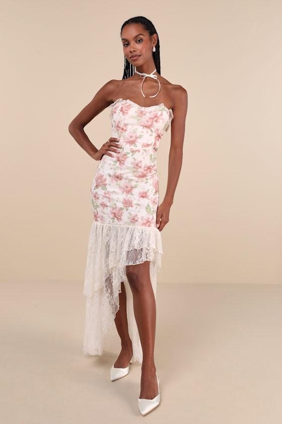 Prettiest Entrance Blush Pink Floral Lace Strapless Maxi Dress Product Image