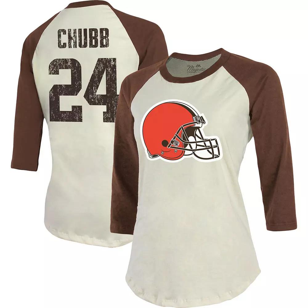 Women's Majestic Threads Nick Chubb Cream/Brown Cleveland Browns Player Raglan Name & Number Fitted 3/4-Sleeve T-Shirt, Size: Medium, Beige Product Image