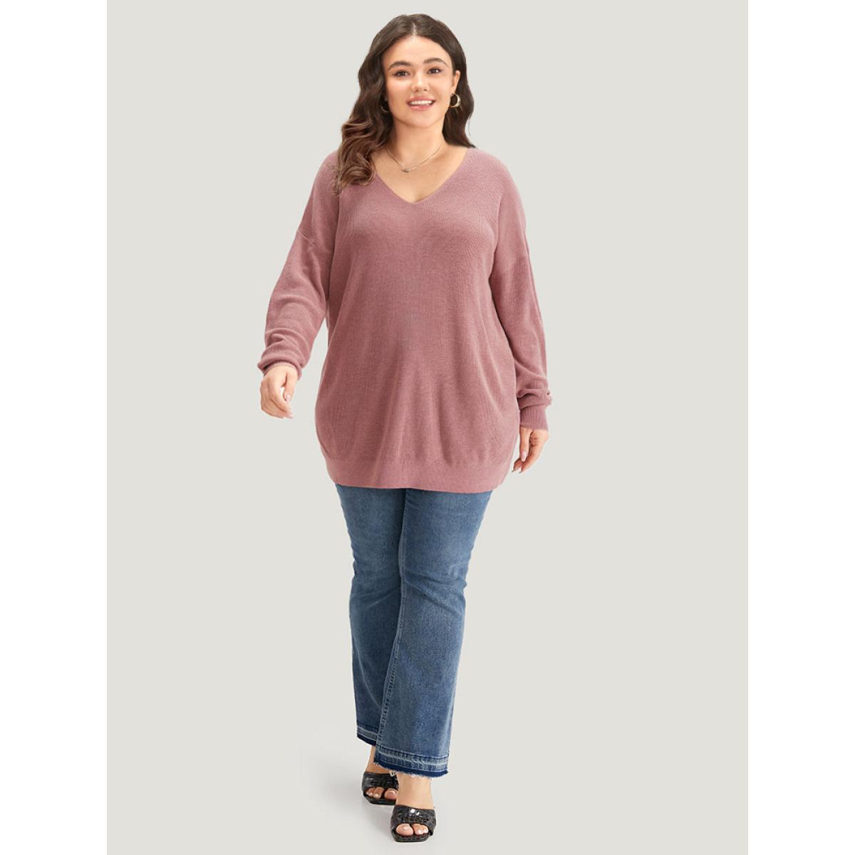 Plus Size Plain Twist Back Backless Pullover DustyPink Women Casual Loose Long Sleeve V-neck Dailywear Pullovers BloomChic 26/4X Product Image
