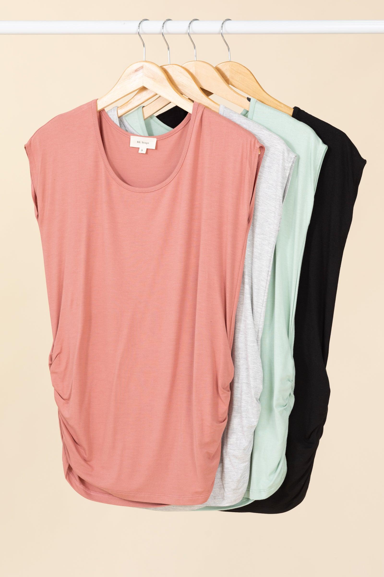 Solid Side Shirred Short Sleeve Knit Tees Product Image
