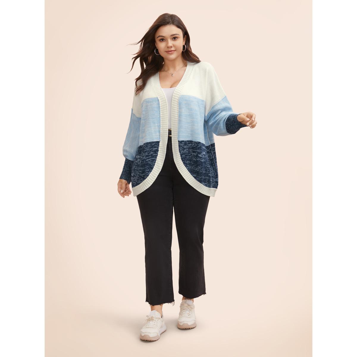 Plus Size Colorblock Contrast Curved Hem Cardigan Indigo Women Casual Loose Long Sleeve Everyday Cardigans BloomChic 22-24/3X Product Image