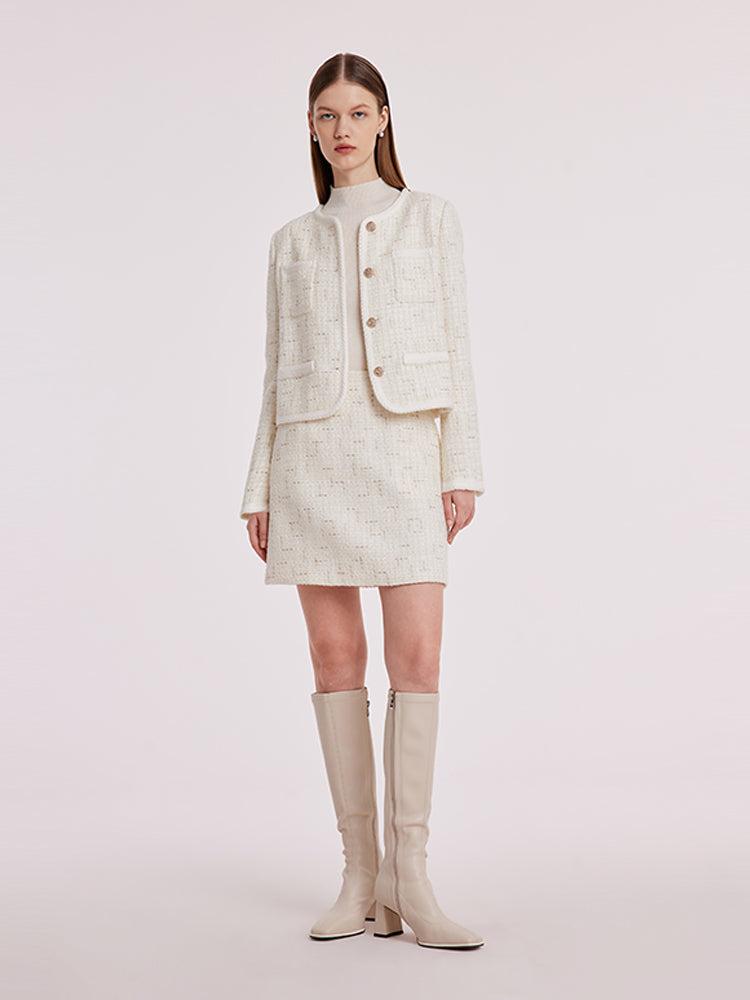 White Knitted Tweed Crop Jacket Product Image