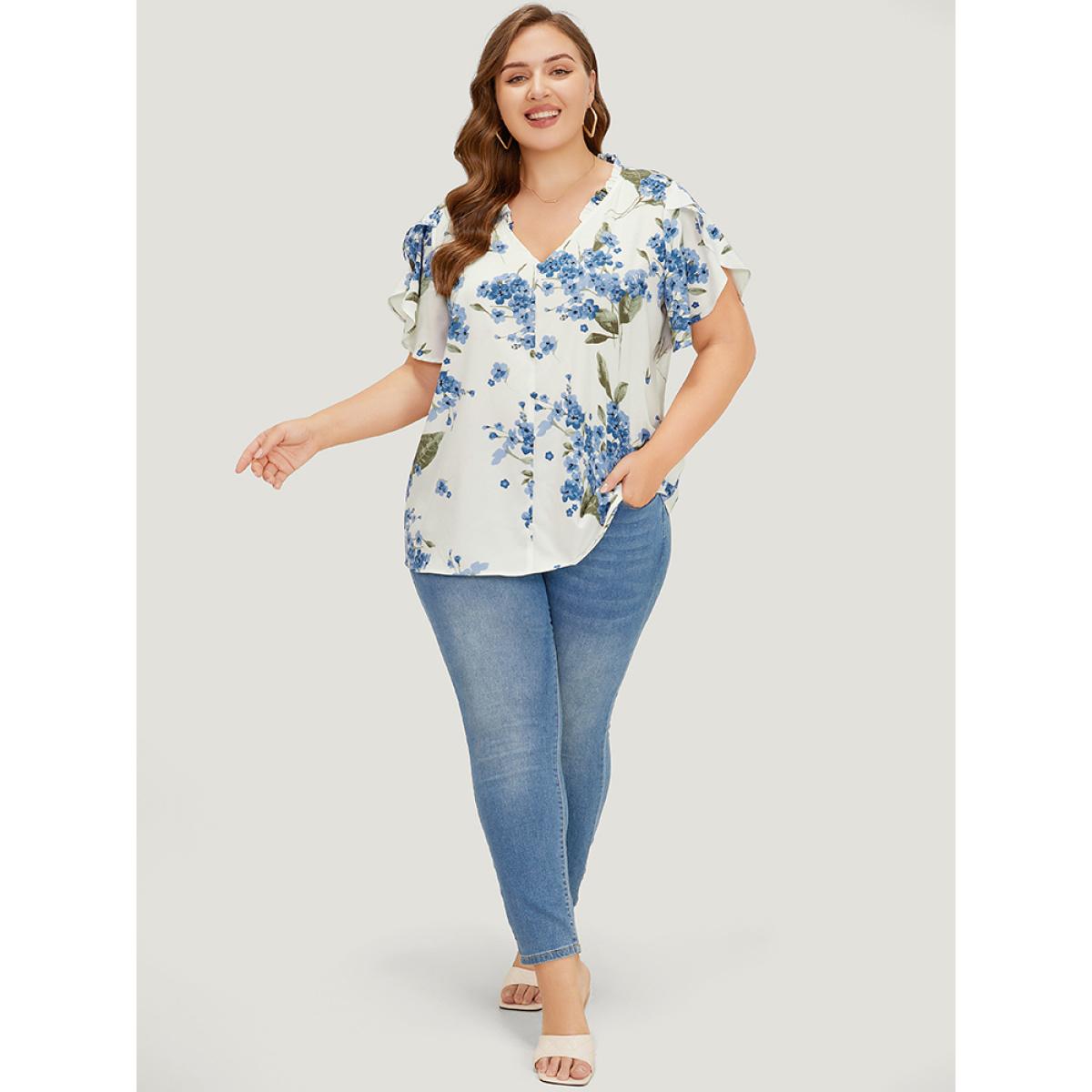 Plus Size White Floral Frill Trim Petal Sleeve Blouse Women Elegant Short sleeve V-neck Dailywear Blouses BloomChic 18-20/2X Product Image