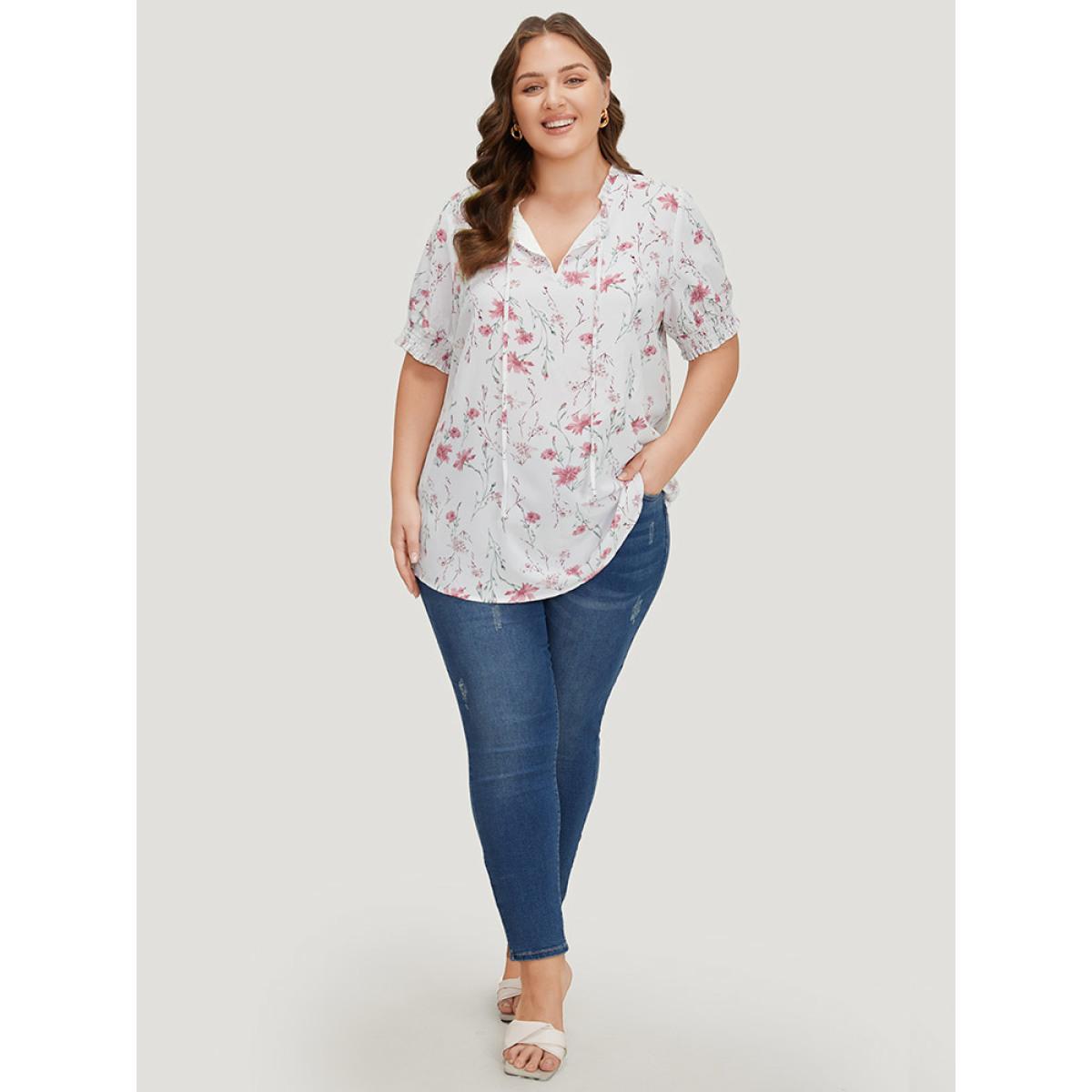 Plus Size White Floral Knot Frill Trim Shirred Lantern Sleeve Blouse Women Elegant Short sleeve Tie Neck Dailywear Blouses BloomChic 18-20/2X Product Image