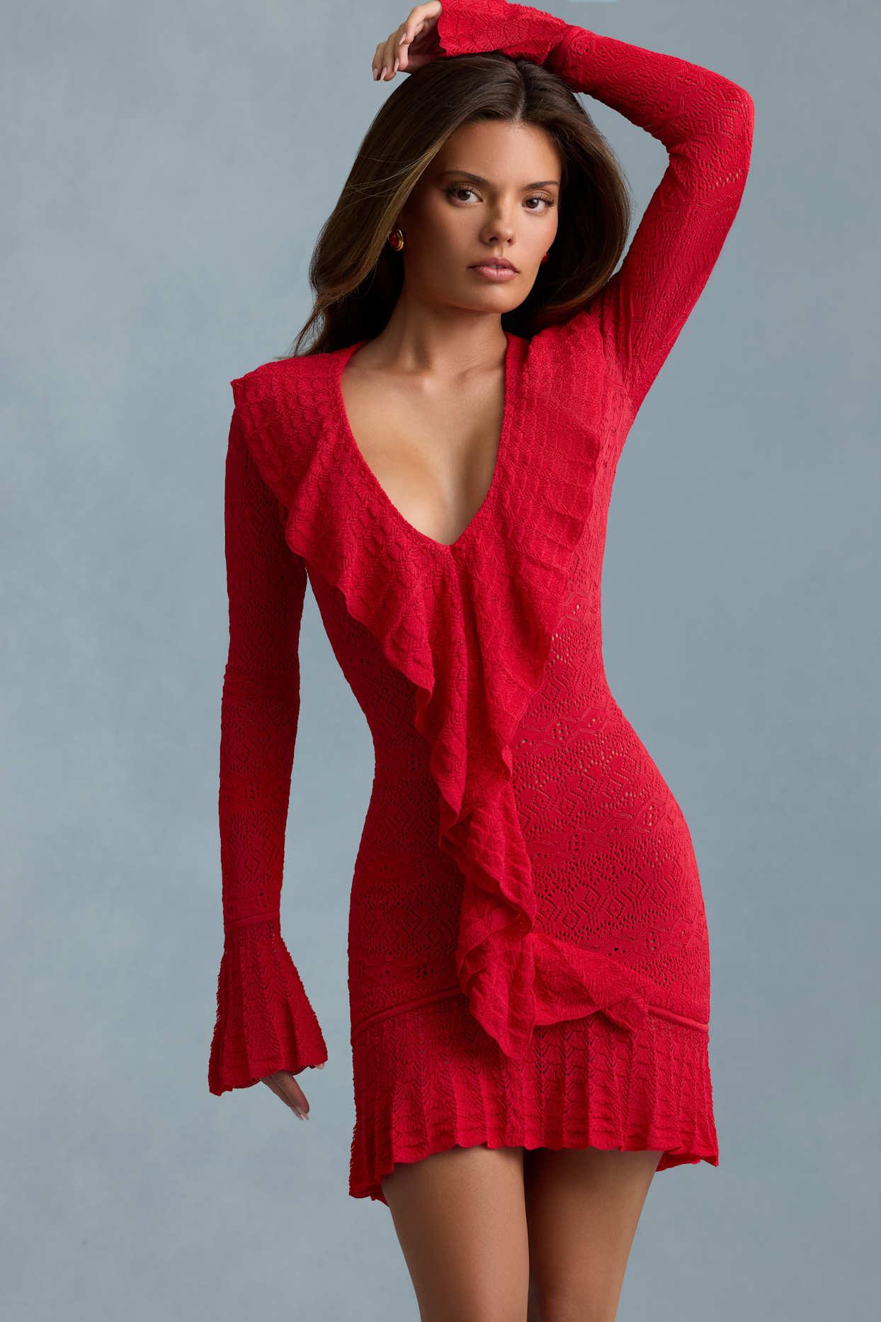 Ruffle-Trim Pointelle-Knit Mini Dress in Scarlet Red Product Image