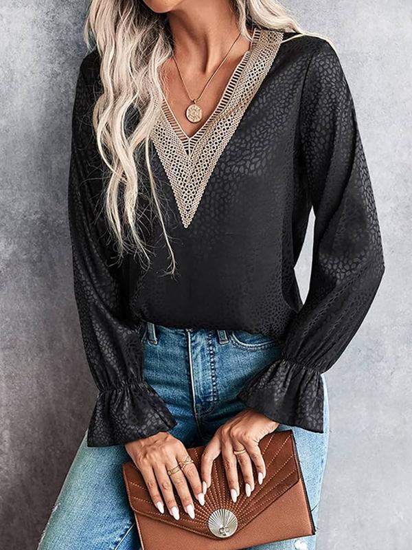 Long Sleeves Loose Elasticity Hollow Jacquard Leopard Split-Joint V-Neck Blouses&Shirts Tops Product Image