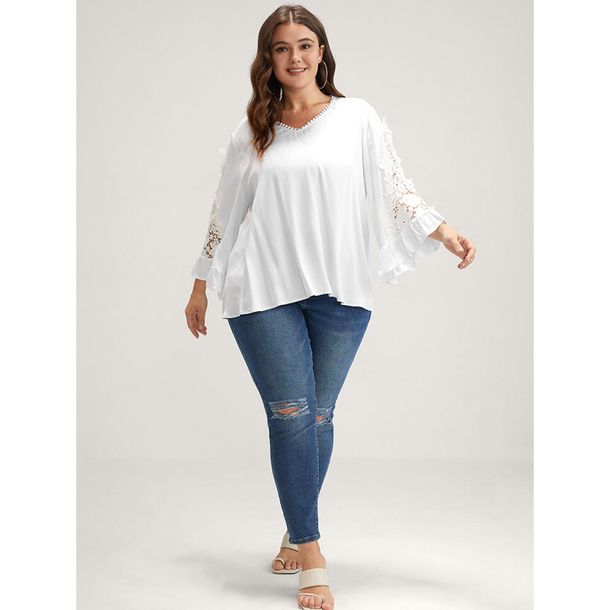 Plus Size White Solid Lace Flounce Sleeve V Neck Blouse Women Elegant Long Sleeve V-neck Dailywear Blouses BloomChic 28/5X Product Image