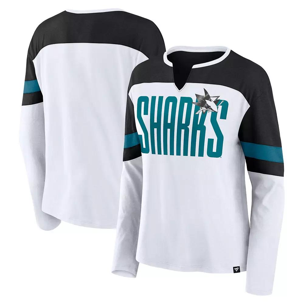 Women's Fanatics White/Black San Jose Sharks Frozen Long Sleeve Notch Neck T-Shirt,  Product Image