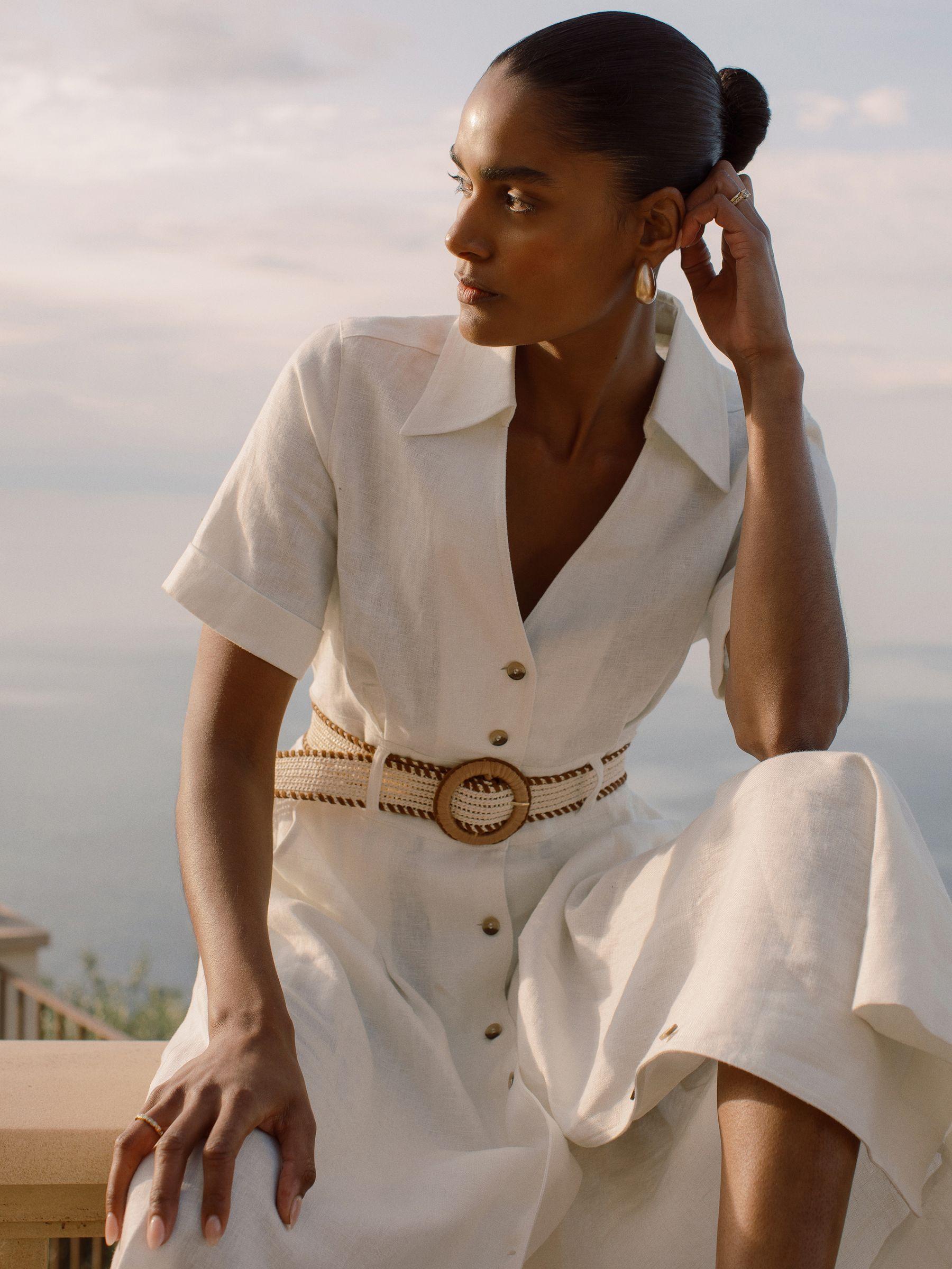 Petite Linen Belted Midi Shirt Dress in Ivory Product Image