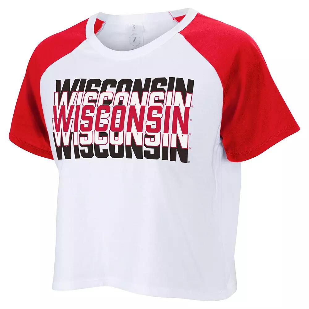 Women's ZooZatz White Wisconsin Badgers Colorblock Repeat Raglan Cropped T-Shirt, Size: Medium Product Image