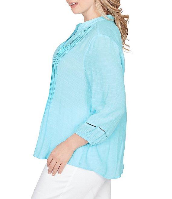 Ruby Rd. Plus Size Silky Slub Woven Split V-Neck 3/4 Sleeve Button Front Top Product Image