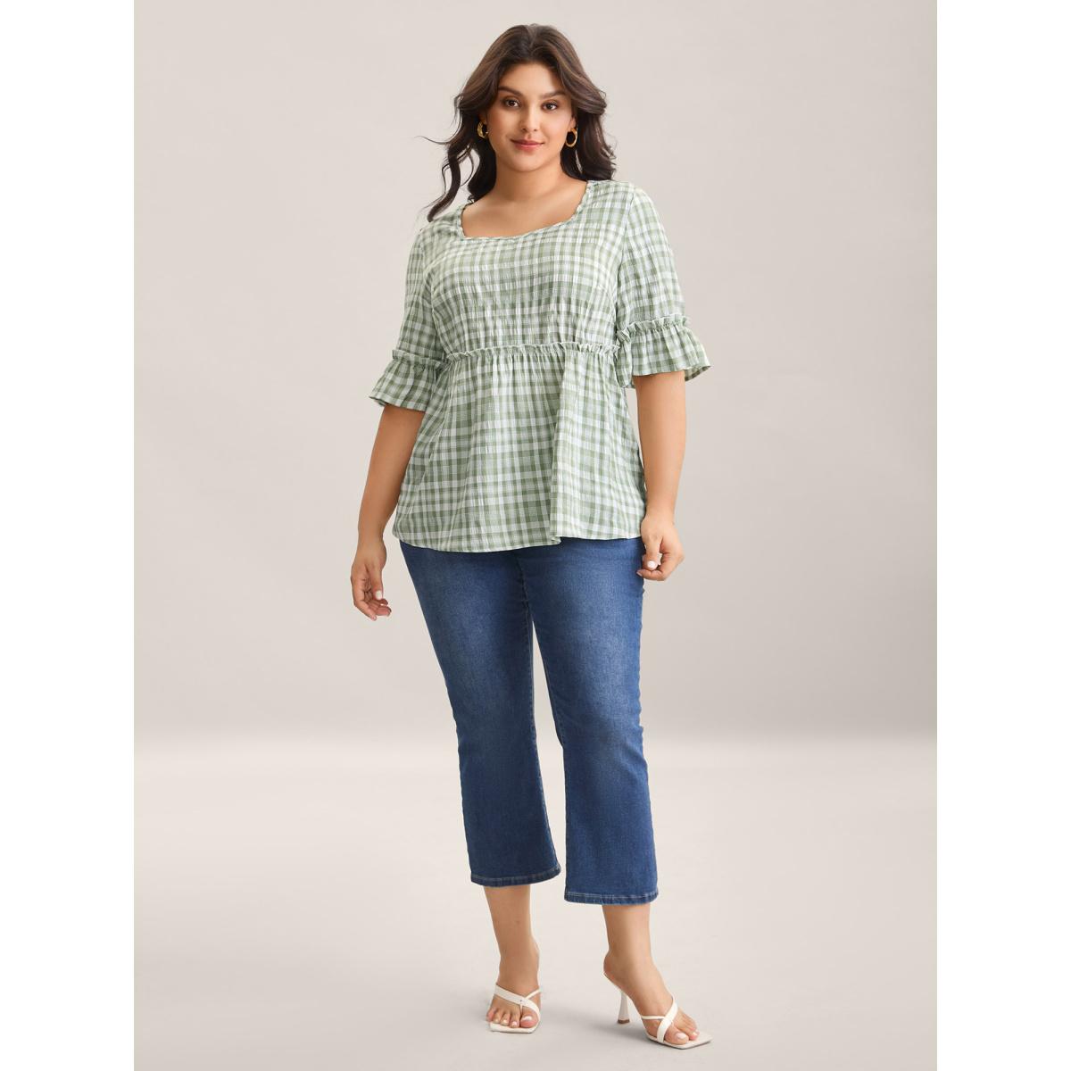 Plus Size Greenbean Plaid Pattern Ruffled Sleeve Babydoll Top Women Half Sleeve Square Neck Everyday-Elegant Blouses BloomChic 14-16/1X Product Image