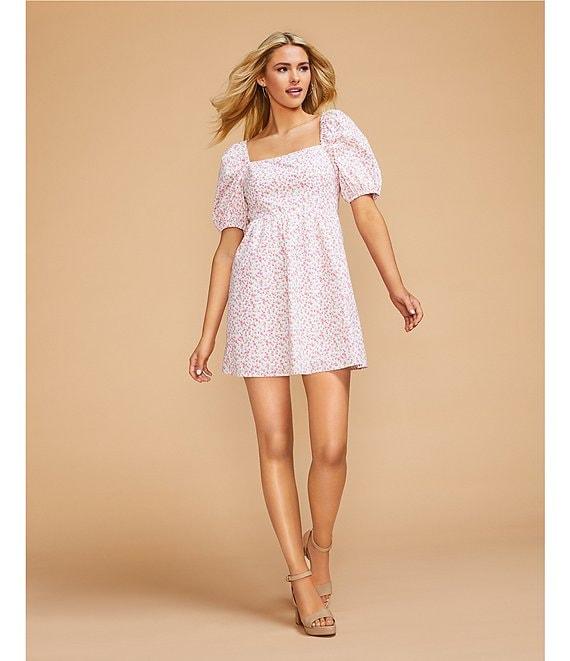 Copper Key Royal Floral Print Square Neck Short Puff Sleeve Smocked Back Dress Product Image