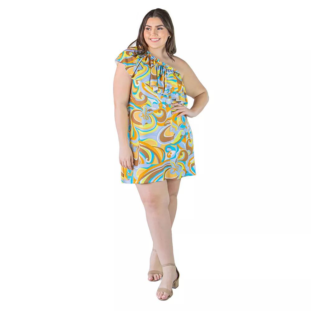 Plus Size 24Seven Comfort Apparel Apparel One Shoulder Ruffle Mini Dress, Women's, Size: 3XL, Brown Team Product Image