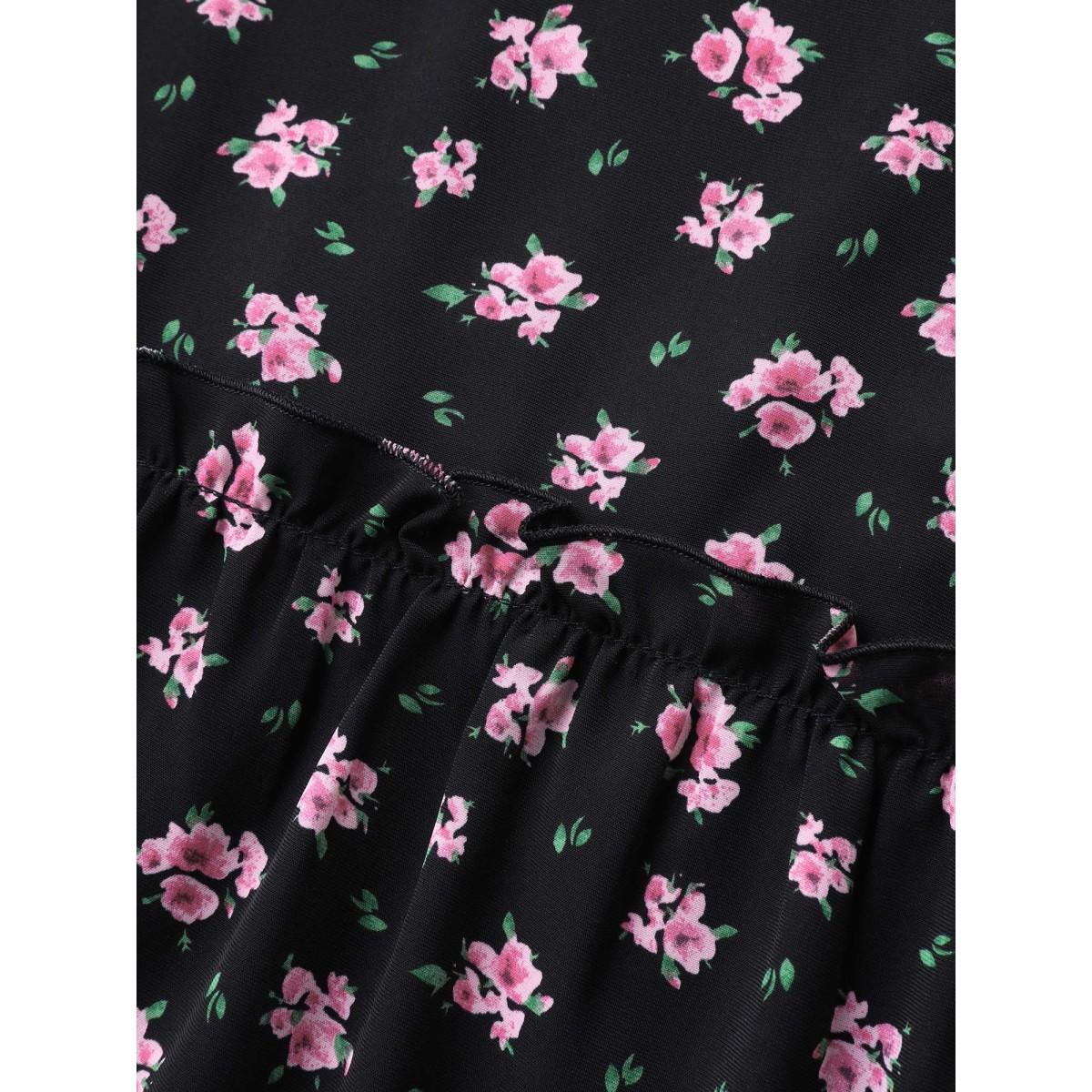 Plus Size Ditsy Floral Print Tiered Tank Top Women Black Timeless Gathered Round Neck Elegant Tank Tops Camis BloomChic 18-20/2X Product Image