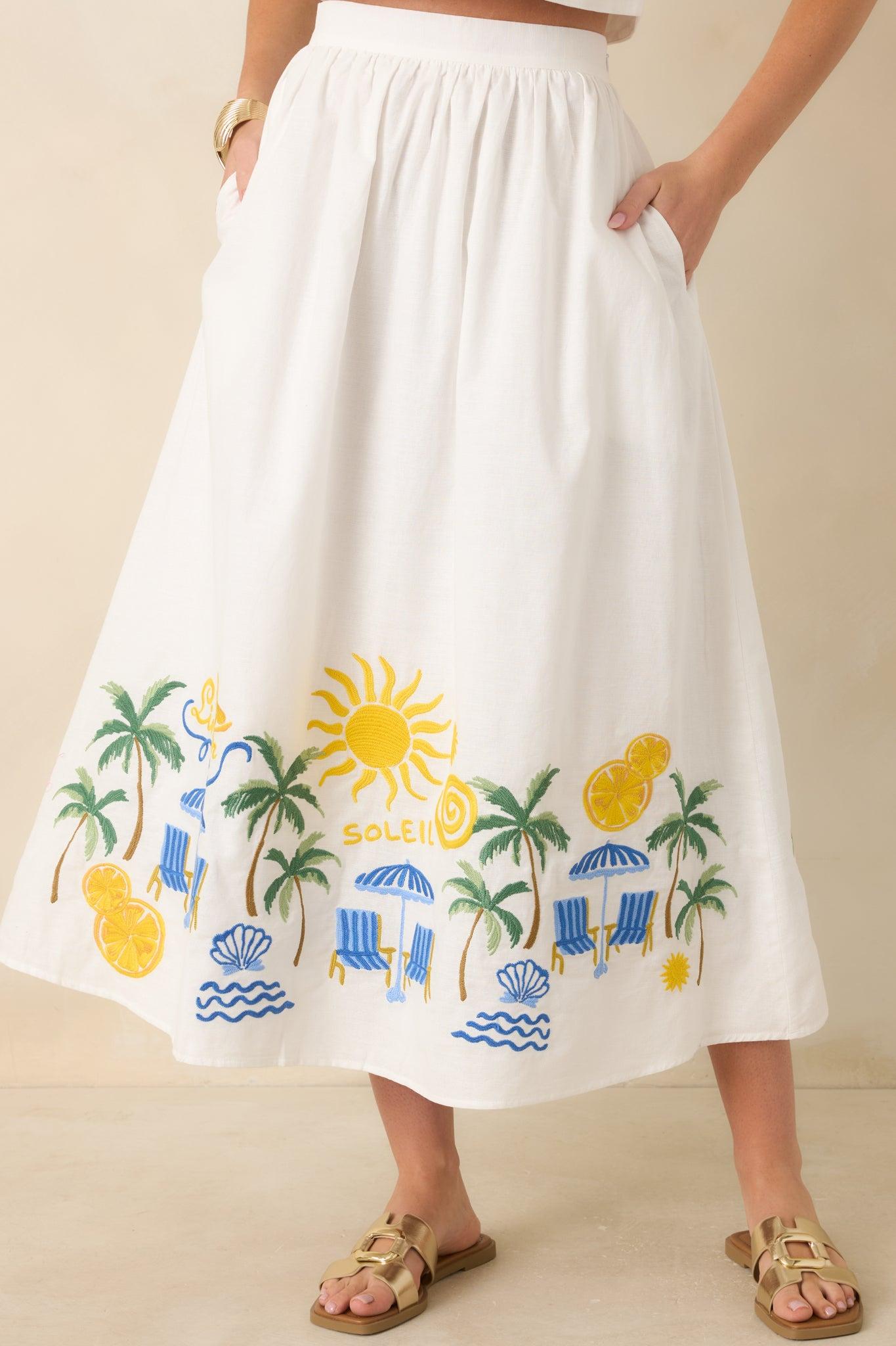 Paradisa Paradena White Multi Embroidered Cotton Blend Midi Skirt Product Image