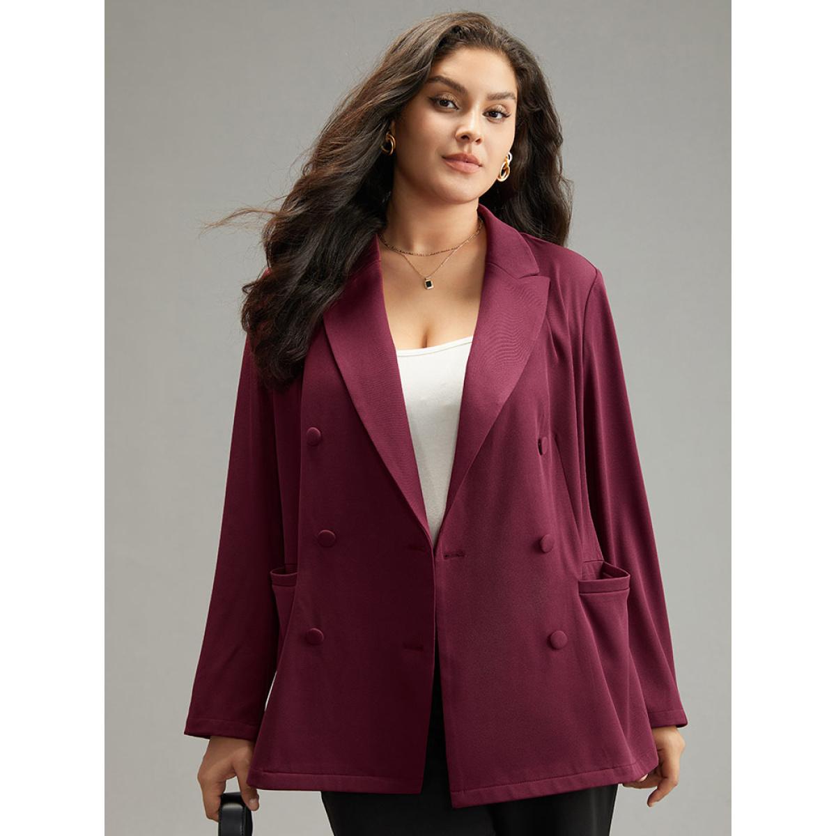 Plus Size Solid Double Breasted Pocket Blazer Burgundy Women Work Plain Plain Sleeve Long Sleeve Suit Collar 26/4X Pocket Office Blazers BloomChic Product Image