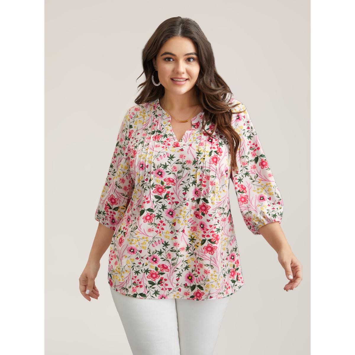Plus Size LightBlue Floral Print Notched Collar Shirt Women Timeless Elbow-length sleeve Notched collar Elegant Blouses BloomChic 14-16/1X Product Image