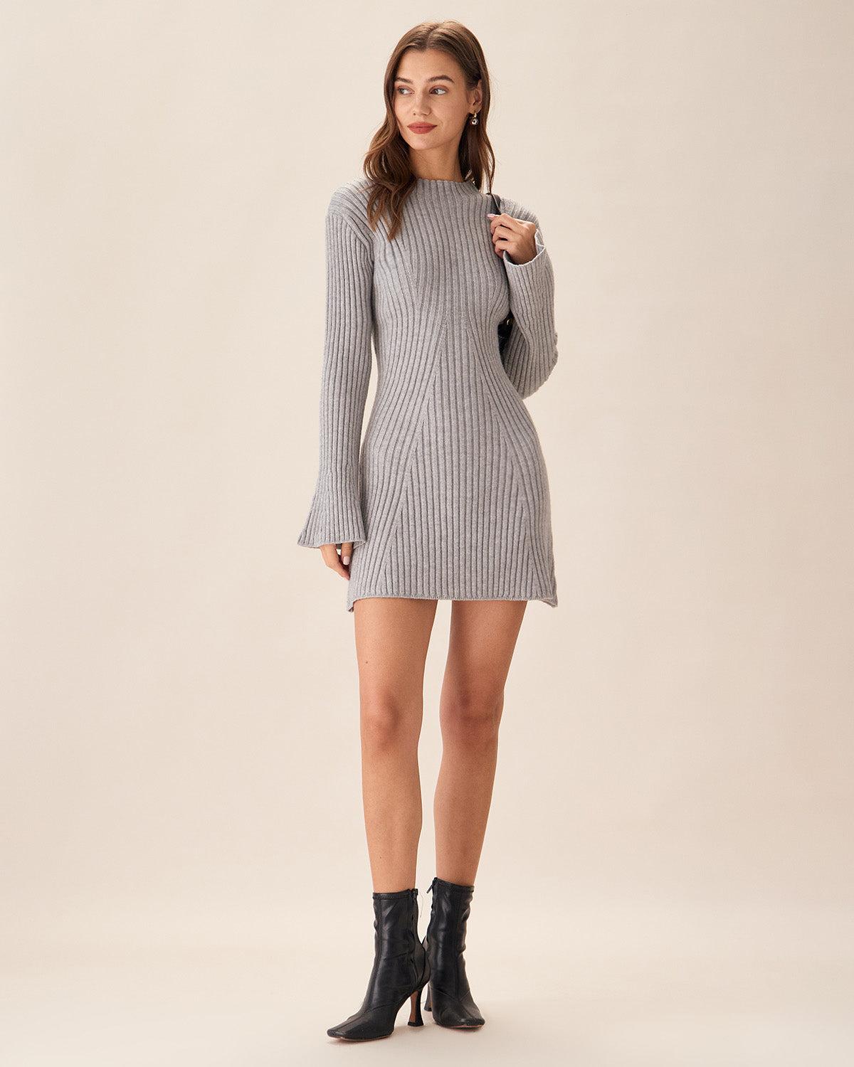 Grey Crew Neck Bell Sleeve Sweater Dress Product Image