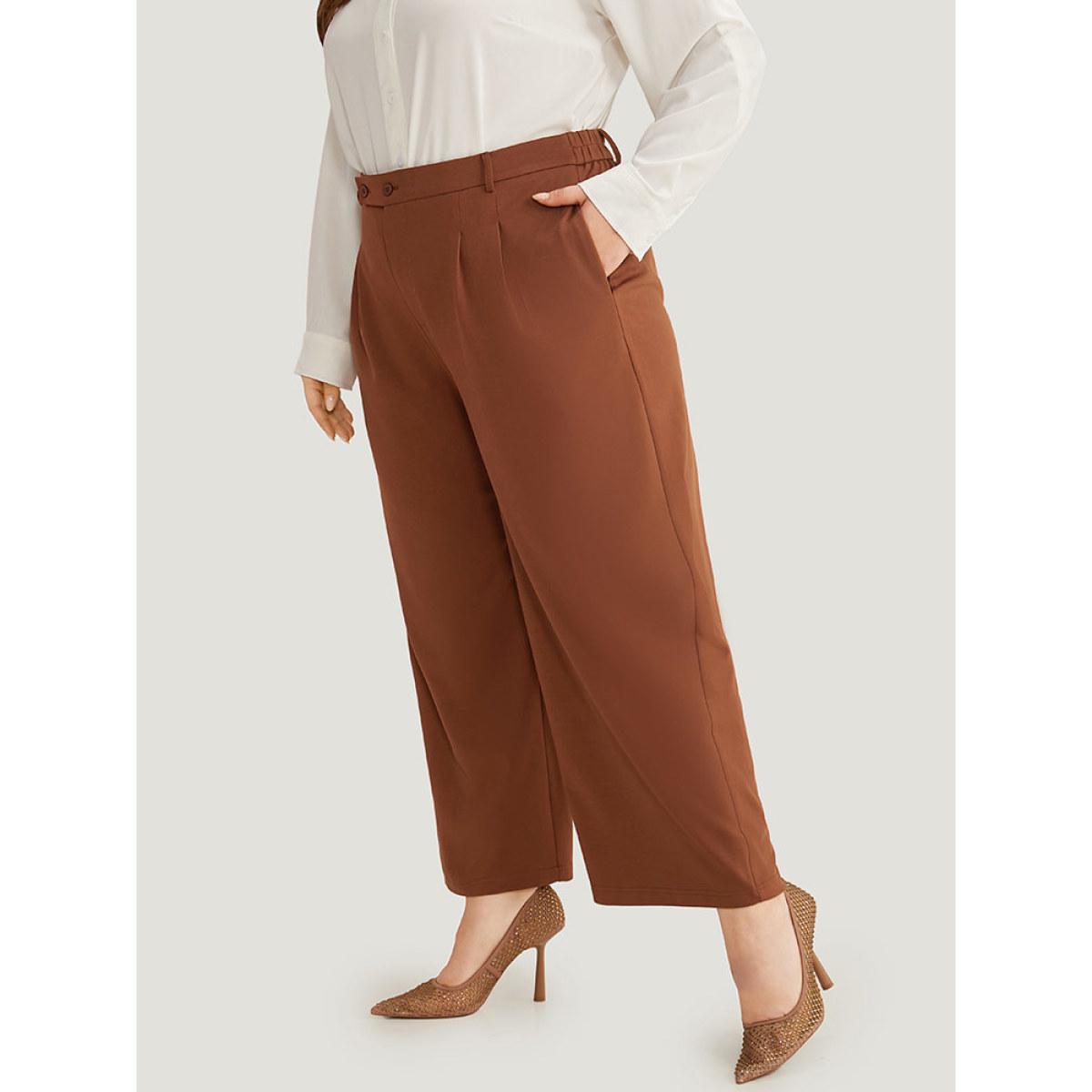 Plus Size Solid Pocket Plicated Detail Pants Women Chocolate Office Straight Leg High Rise Office Pants BloomChic 14-16/1X Product Image