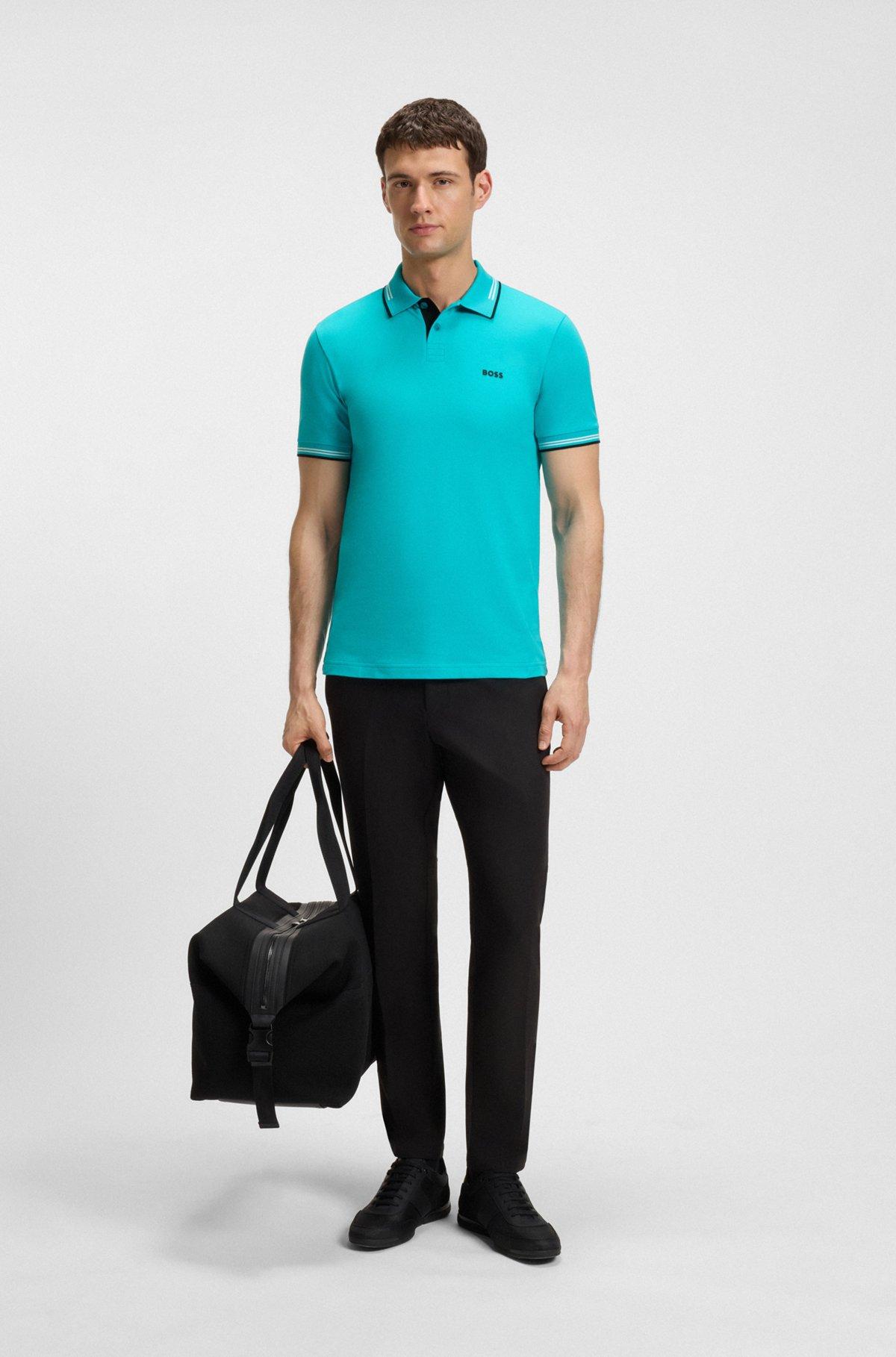 BOSS - Stretch-cotton slim-fit polo shirt with branding - Light Blue Product Image