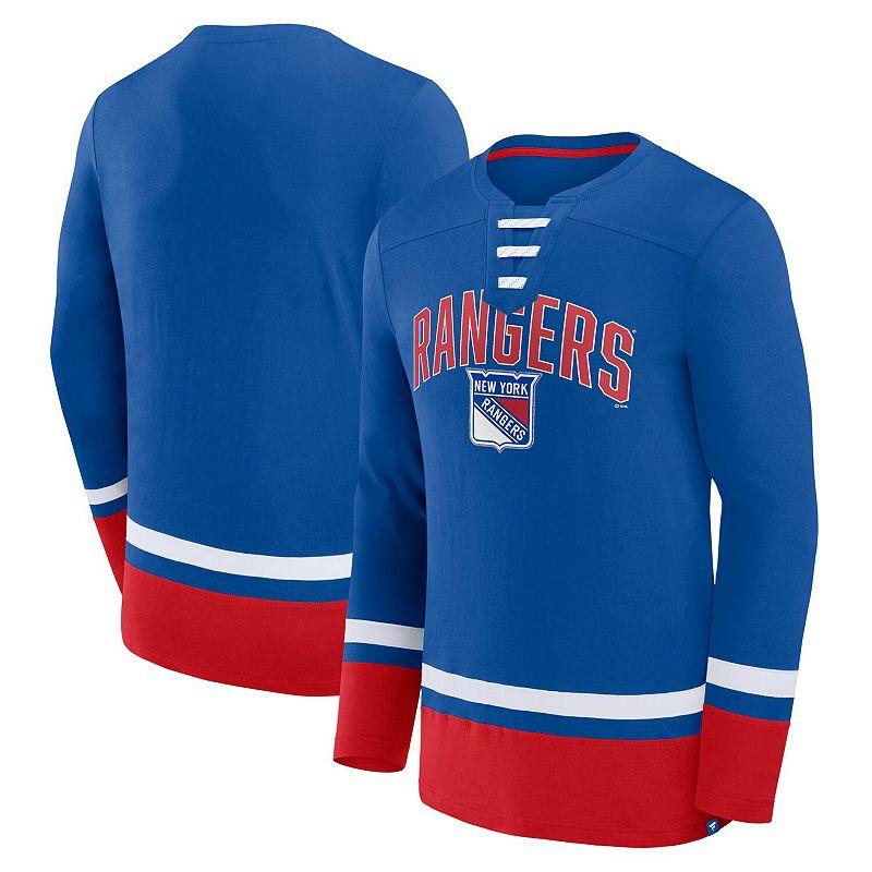 Men's Fanatics Branded Blue New York Rangers Back Pass Lace-Up Long Sleeve T-Shirt,  Product Image