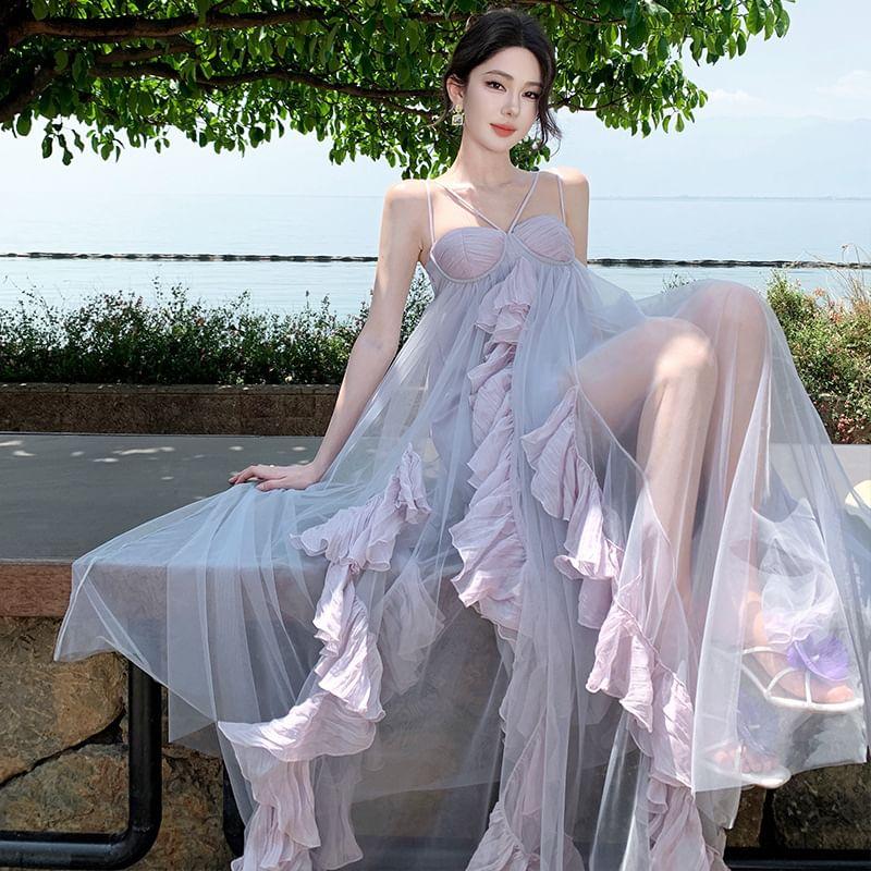 Spaghetti Strap Two-Tone Ruffled Maxi Sundress Product Image