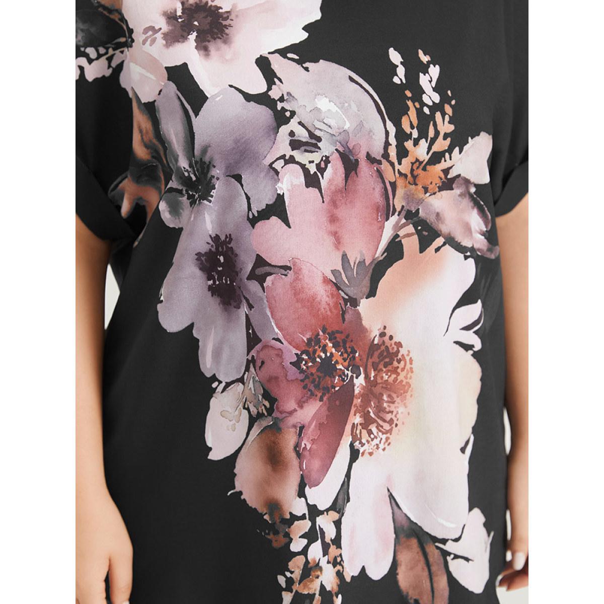 Plus Size Black Floral Print Crew Neck Roll Dolman Sleeve Blouse Women Elegant Short sleeve Round Neck Dailywear Blouses BloomChic 22-24/3X Product Image