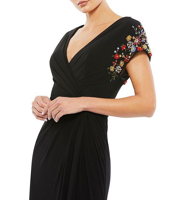 Mac Duggal Jersey Beaded Cap Sleeve V-Neck A-Line Dress Product Image