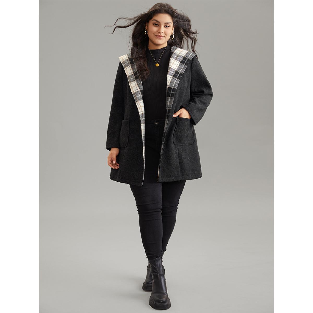 Plus Size Plaid Hooded Belted Bowknot Tunic Coat Women DimGray Casual Lined Ladies Dailywear Winter Coats BloomChic 10/M Product Image