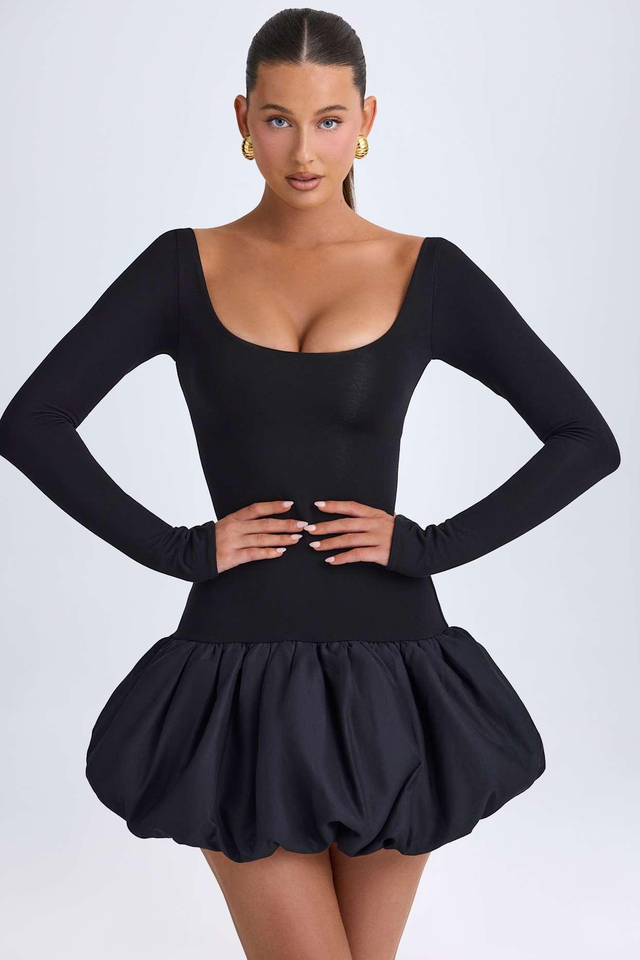 Scoop-Neck Drop-Waist Bubble Hem Mini Dress in Black Product Image