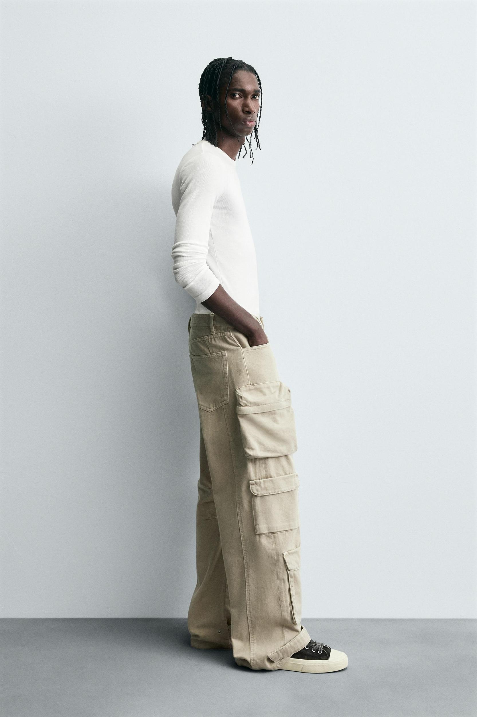 DENIM CARGO PANTS WITH POCKETS Product Image