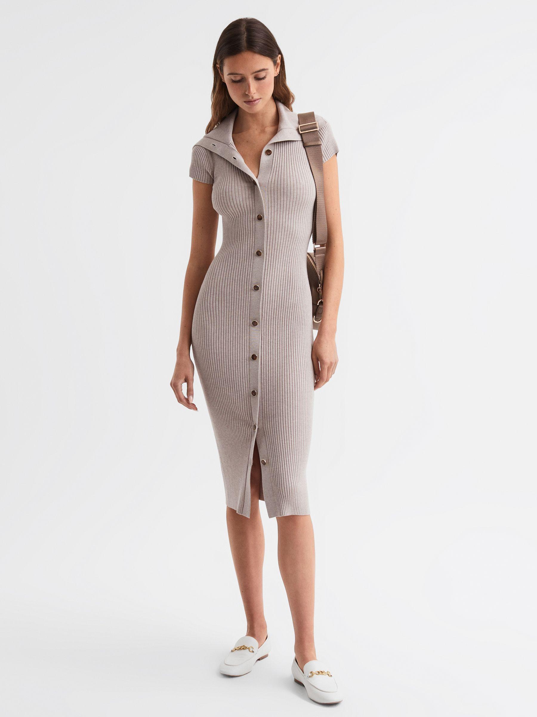 Knitted Ribbed Midi Dress in Neutral Product Image