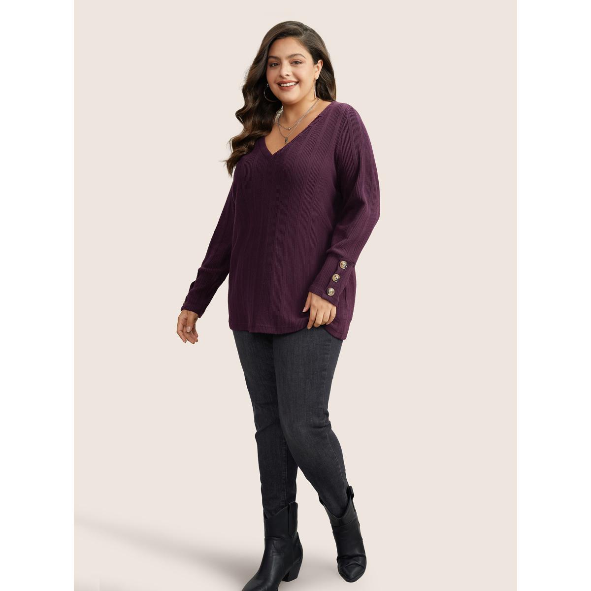 Plus Size Rib Knit V Neck Button Detail T-shirt Green Women Leisure Non Plain V-neck Casual T-shirts BloomChic 22-24/3X Product Image