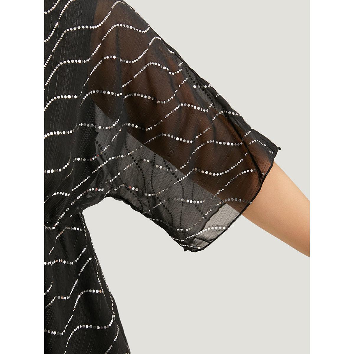 Plus Size Black Chiffon Rhinestone Mesh Patchwork Elastic Waist Blouse Women Glamour Half Sleeve Round Neck Going out Blouses BloomChic 14-16/1X Product Image