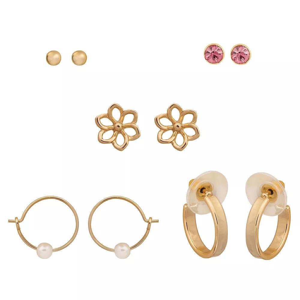 LC Lauren Conrad 5-pair Gold Tone Stud & Hoop Earring Set, Women's, Pink Product Image