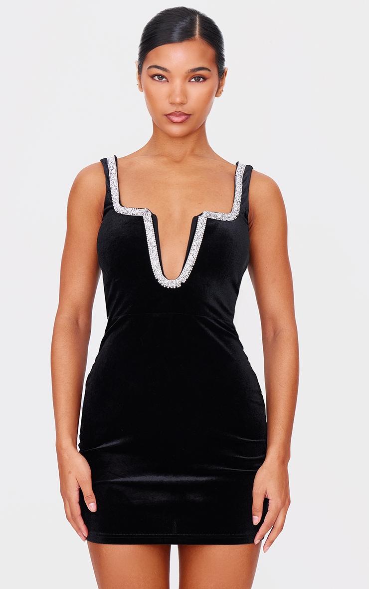 Black Velvet Diamante Detail Trim Mini Dress Product Image