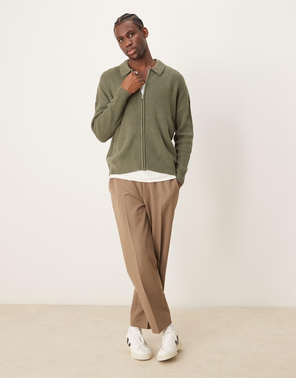 ASOS DESIGN oversized ribbed knitted zip through cardigan with collar in khaki Product Image
