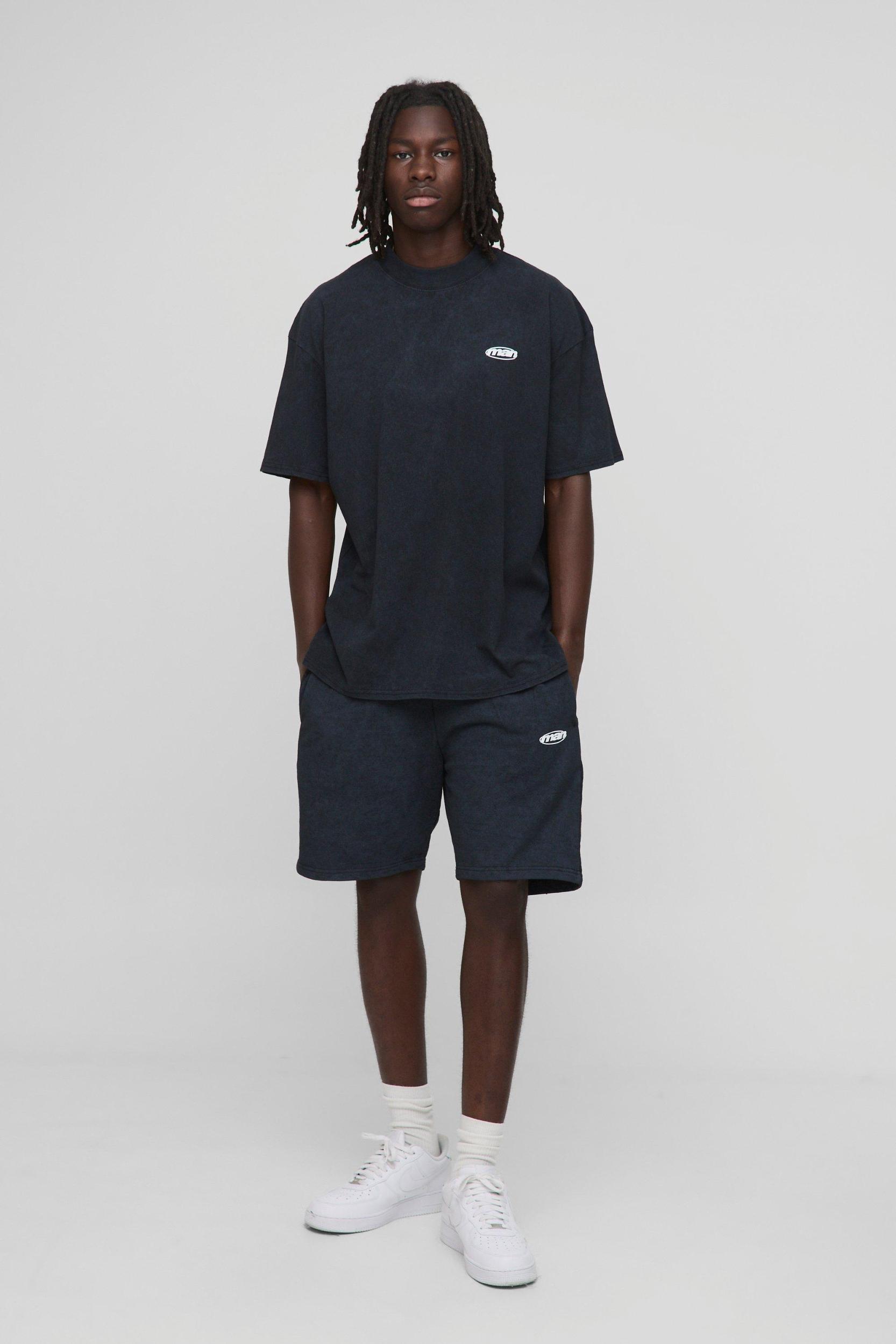 Oversized MAN Washed Extended Neck T-Shirt And Short Set | boohooMAN USA Product Image