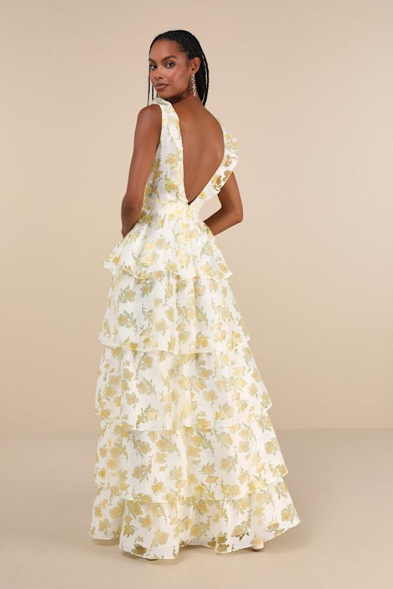 Aesthetic Aura Ivory and Yellow Floral Burnout Tiered Maxi Dress Product Image