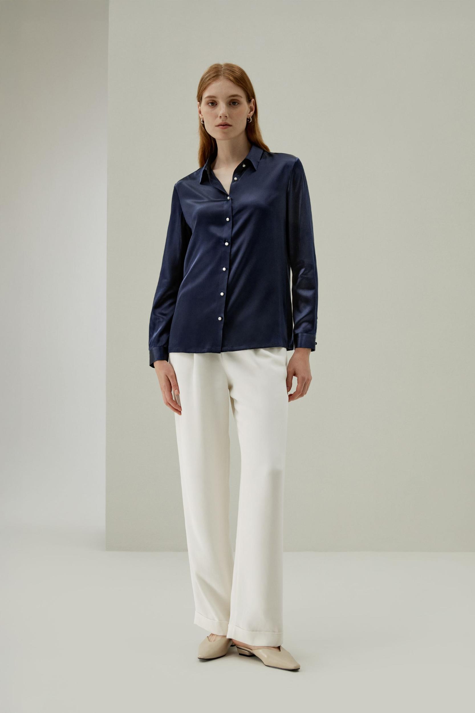 Classic Pearl Button Silk Shirt Product Image