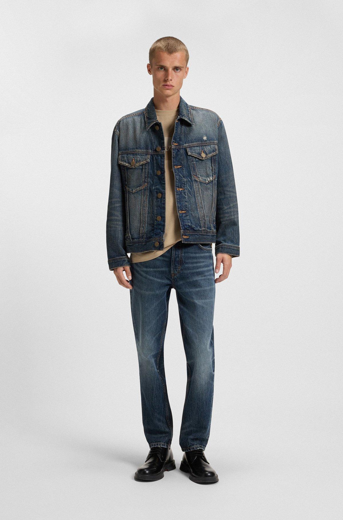 HUGO - Cotton-jersey T-shirt with split-logo print - Beige Product Image