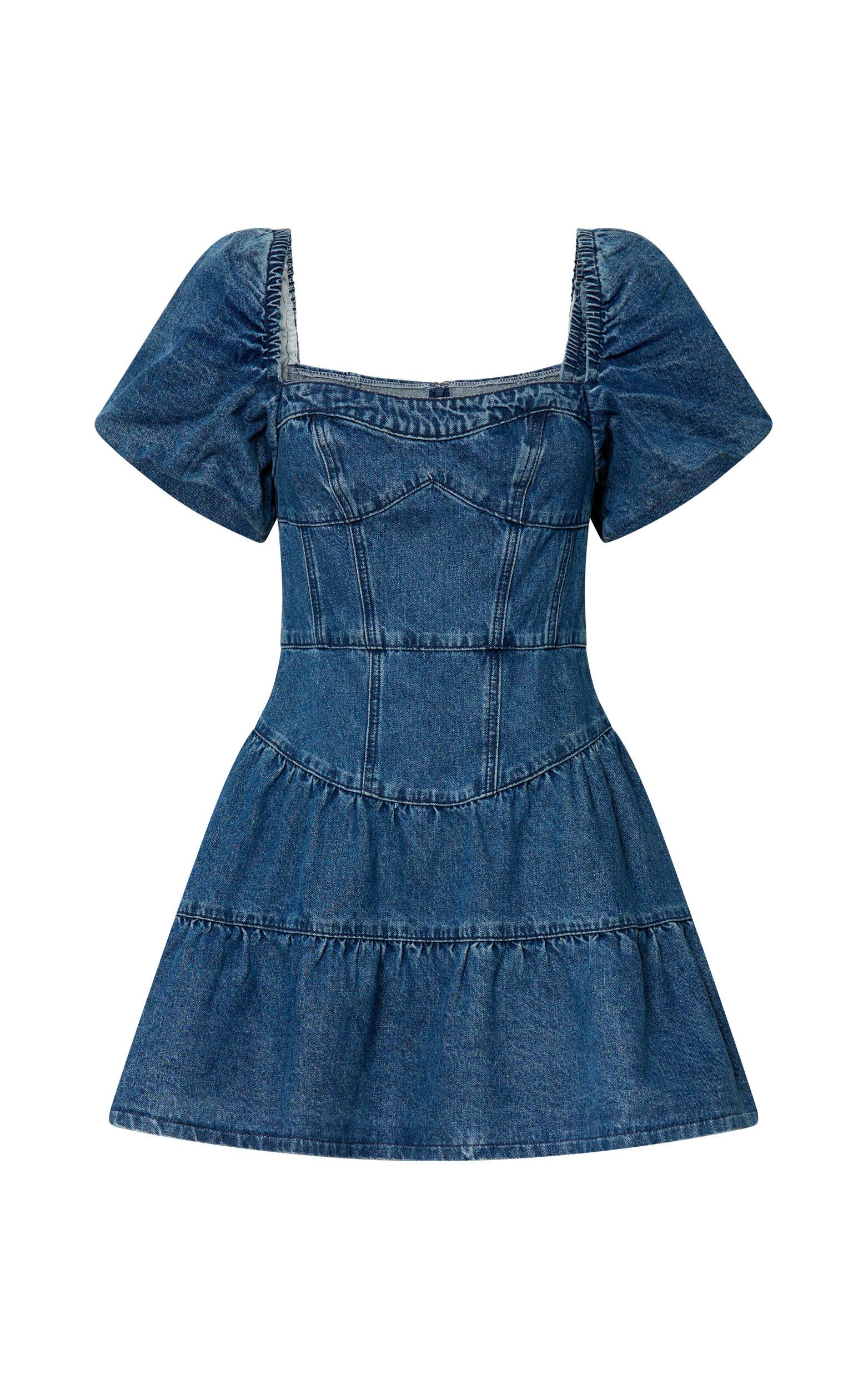 Gia Mini Dress - Short Puff Sleeve Tiered Denim Dress in Dark Blue Wash Product Image