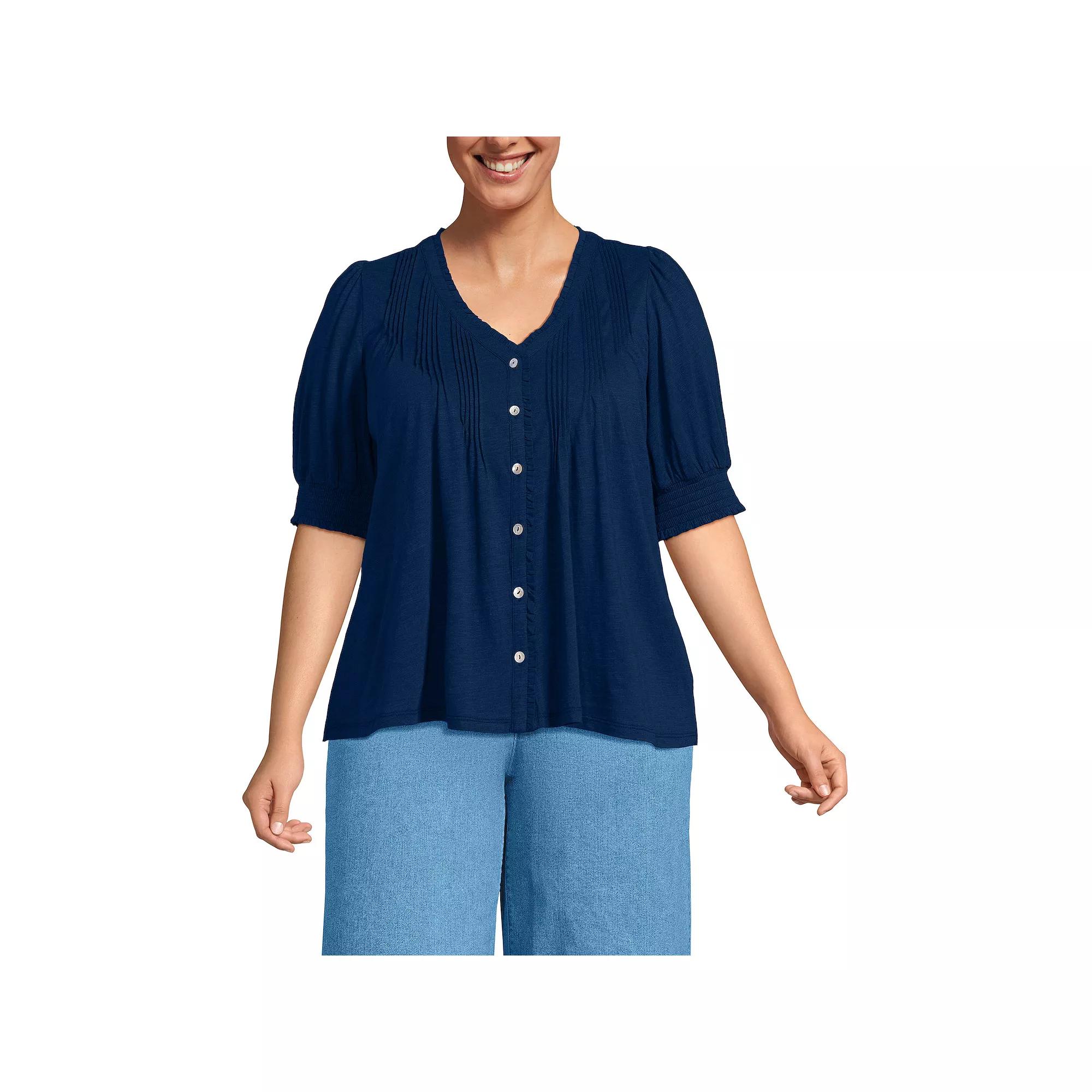 Plus Size Lands' End Button Pintuck Puff Sleeve Top, Women's, Size: 2XL, Sweet Orange Product Image