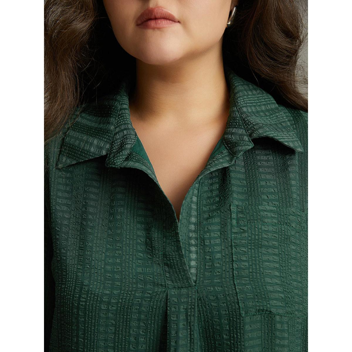 Plus Size Solid Textured Pocket Tab Sleeve Arc Hem Dress Cyan Women Office See through Shirt collar Elbow-length sleeve Curvy Knee Dress BloomChic 18-20/2X Product Image