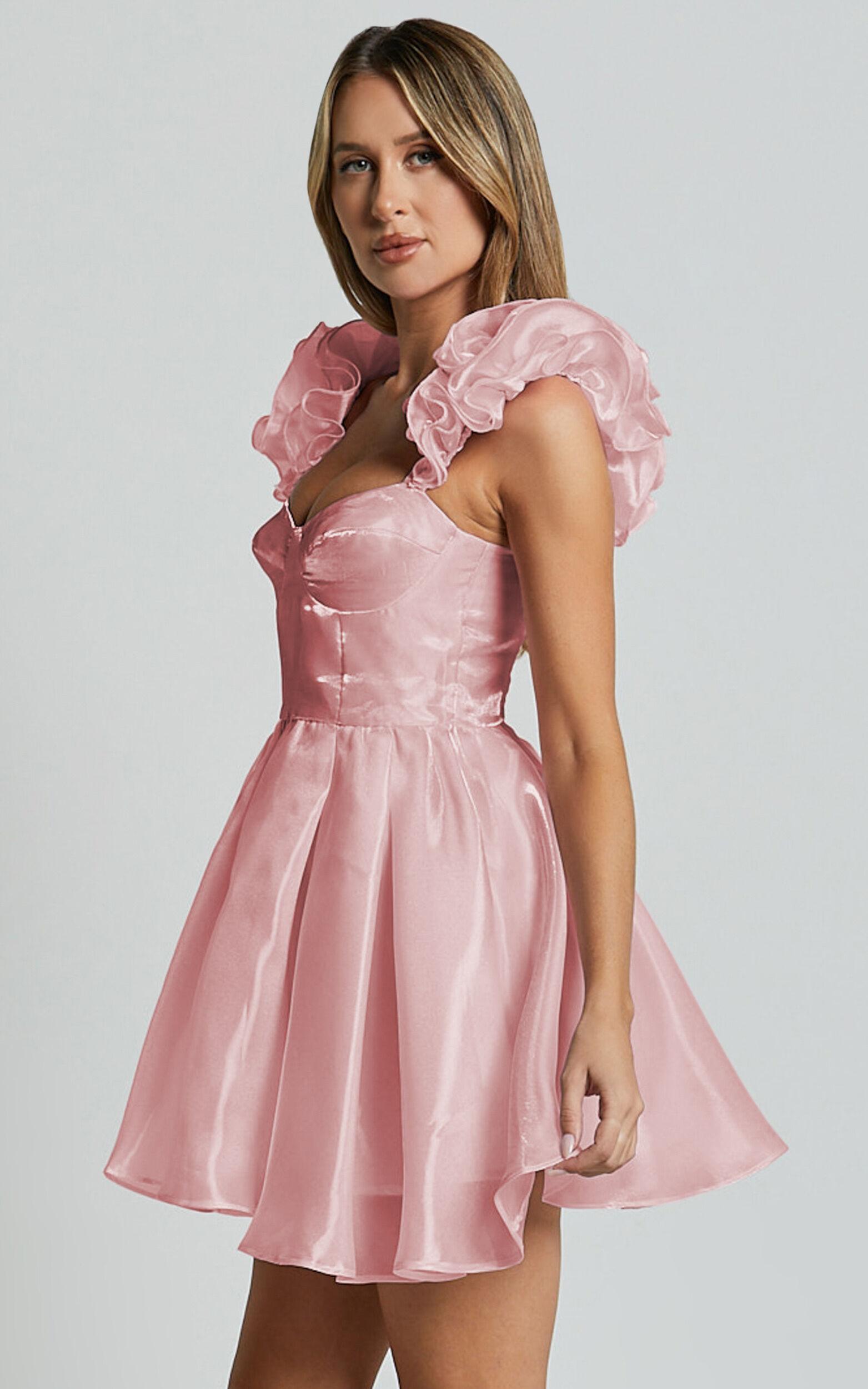 Amber Mini Dress - Sleeveless Ruffle Detail Sweetheart Pleated Dress in Pink Product Image