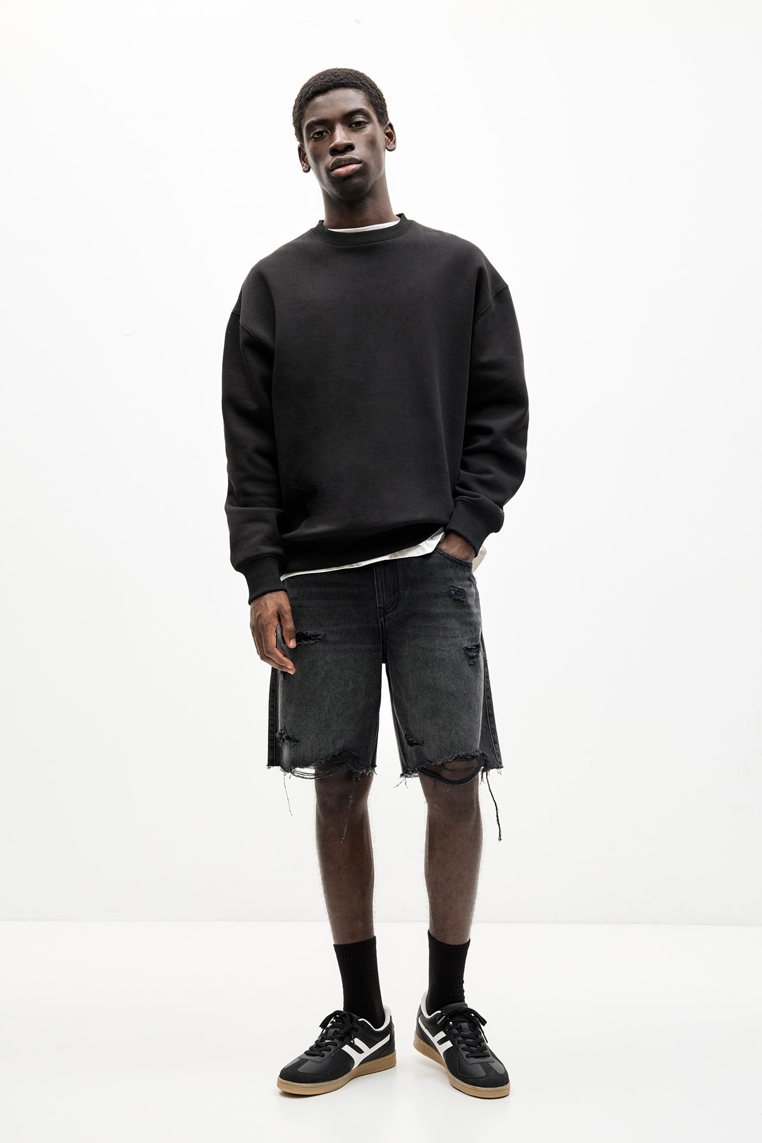 Ripped straight fit denim Bermuda shorts Product Image